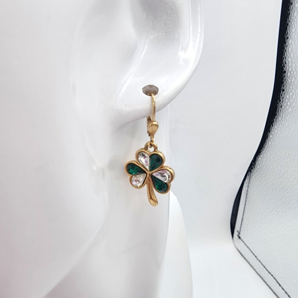 Vintage Gold Sol D'Or Clover Leverback Drop Earrings - Green & Clear Crystals